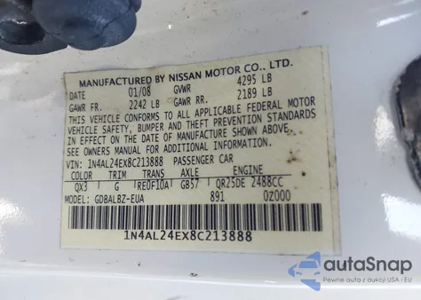 2008 Nissan Altima 2.5 S z USA, uszkodzony, nr VIN 1N4AL24EX8C213888